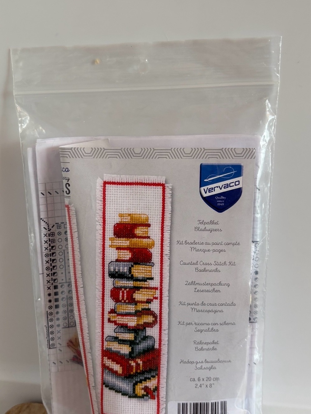 Vervaco Cross Stitch Bookmark Kit - Stacked Books Design in Red, Yellow, Brown